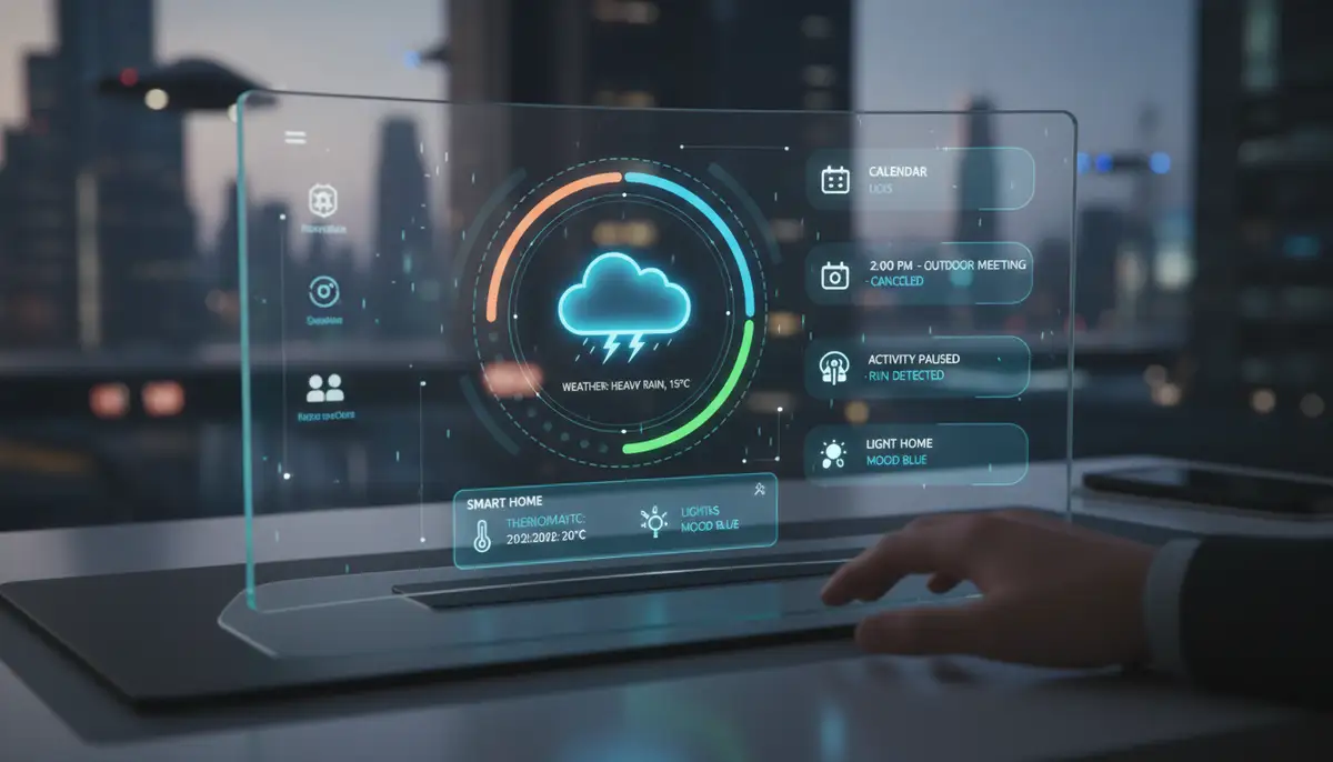 A futuristic Android home screen concept with an AI-powered weather widget dynamically changing its display based on user activity and upcoming events., high-quality photography, professional lighting, sharp focus, realistic, detailed