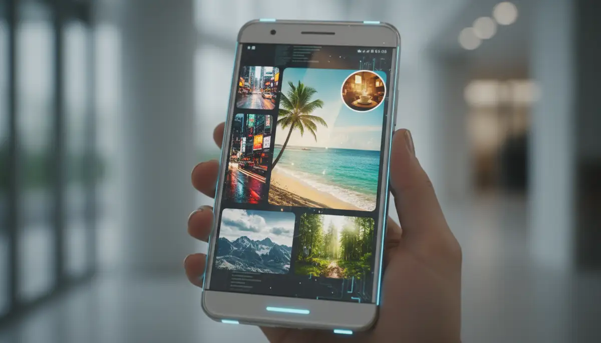 A futuristic Android phone displaying dynamic image widgets that change photos based on time of day or location, with subtle AI-driven effects., high-quality photography, professional lighting, sharp focus, realistic, detailed
