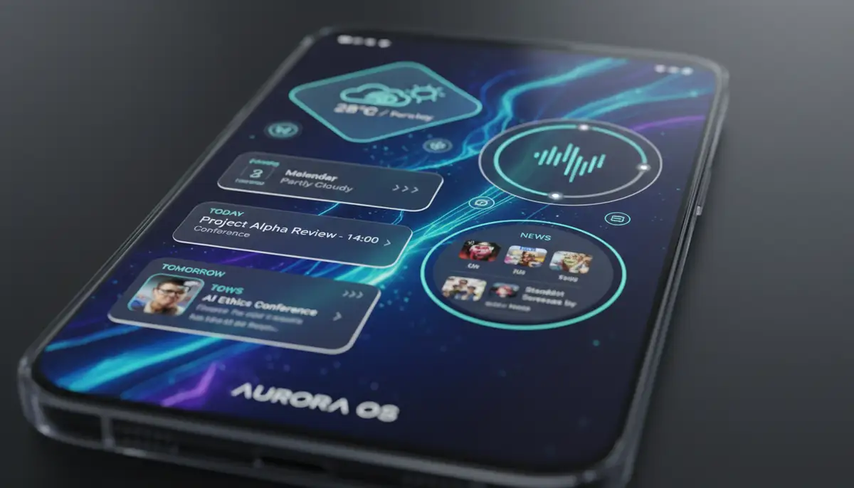 A futuristic Android phone home screen displaying multiple highly customized and interactive widgets, including a weather widget, a calendar widget, and a music player widget, all integrated seamlessly with a sleek design., high-quality photography, professional lighting, sharp focus, realistic, detailed