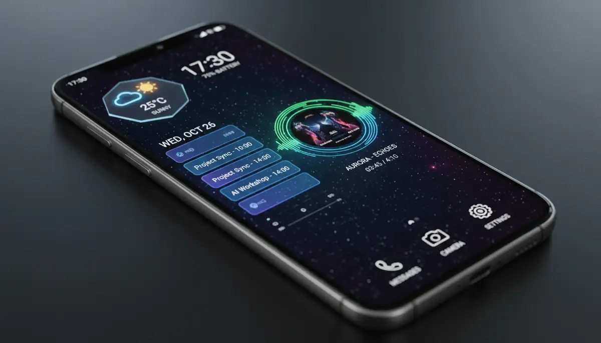 A futuristic Android phone homescreen filled with sleek, functional widgets for weather, calendar, and music, showcasing a clean, personalized layout., high-quality photography, professional lighting, sharp focus, realistic, detailed