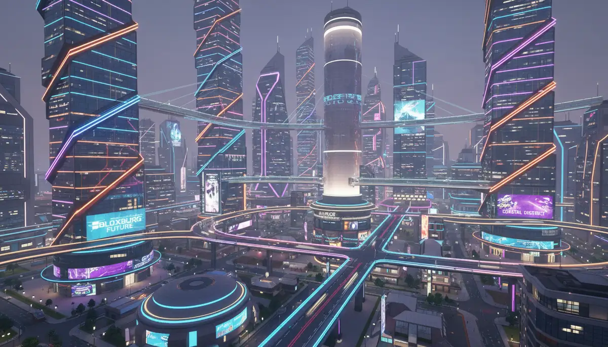 A futuristic Bloxburg cityscape with neon lights, towering skyscrapers, and intricate road networks, reflecting advanced design., high-quality photography, professional lighting, sharp focus, realistic, detailed
