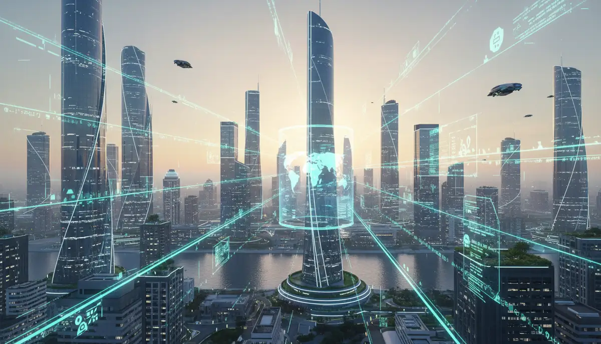 A futuristic city skyline at dawn, with subtle holographic data streams, representing the future of digital connectivity and smart services., high-quality photography, professional lighting, sharp focus, realistic, detailed
