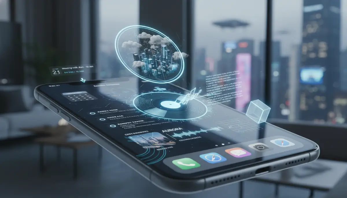 A futuristic concept of an iOS home screen in 2025, featuring highly interactive widgets that blend augmented reality elements with traditional app icons., high-quality photography, professional lighting, sharp focus, realistic, detailed