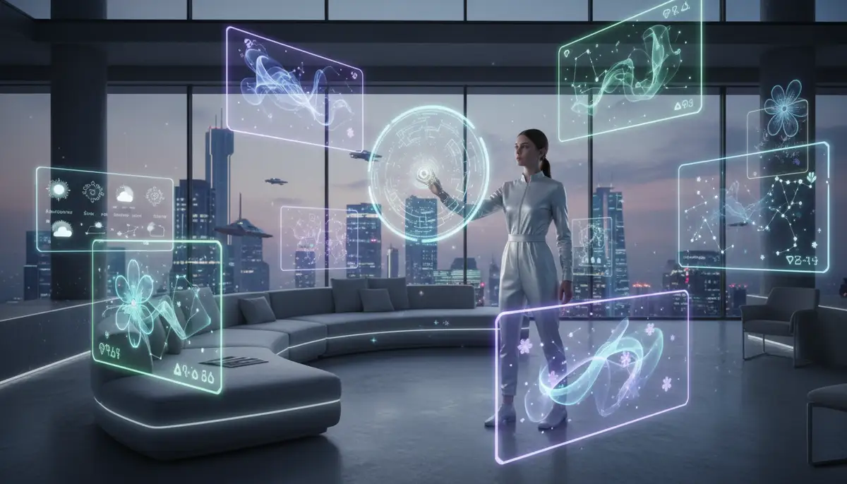 A futuristic concept of interactive aesthetic widget images floating in an augmented reality space, blending digital and physical environments seamlessly., high-quality photography, professional lighting, sharp focus, realistic, detailed