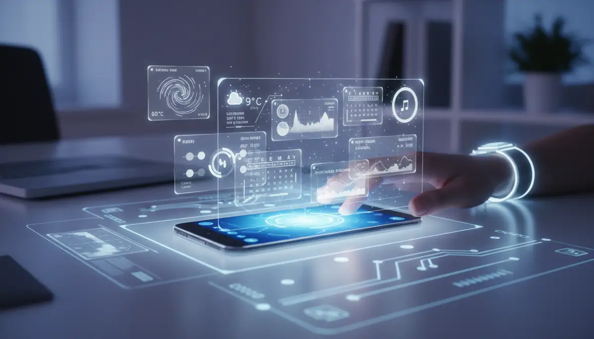 A futuristic concept of widgets extending beyond a phone screen, perhaps integrated into a smart desk or AR display, symbolizing the future of widget technology., high-quality photography, professional lighting, sharp focus, realistic, detailed
