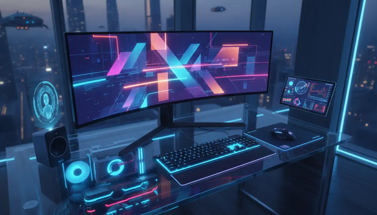 A futuristic desktop setup with a vibrant, dynamic 4K wallpaper featuring abstract geometric shapes and glowing lines, seen from a slightly elevated angle., high-quality photography, professional lighting, sharp focus, realistic, detailed