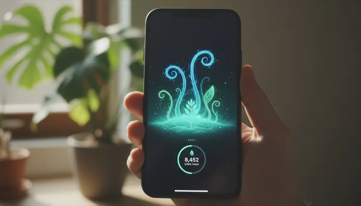 A futuristic digital garden widget on a smartphone, with animated growing plants and a small counter for daily steps, emphasizing health and nature integration., high-quality photography, professional lighting, sharp focus, realistic, detailed