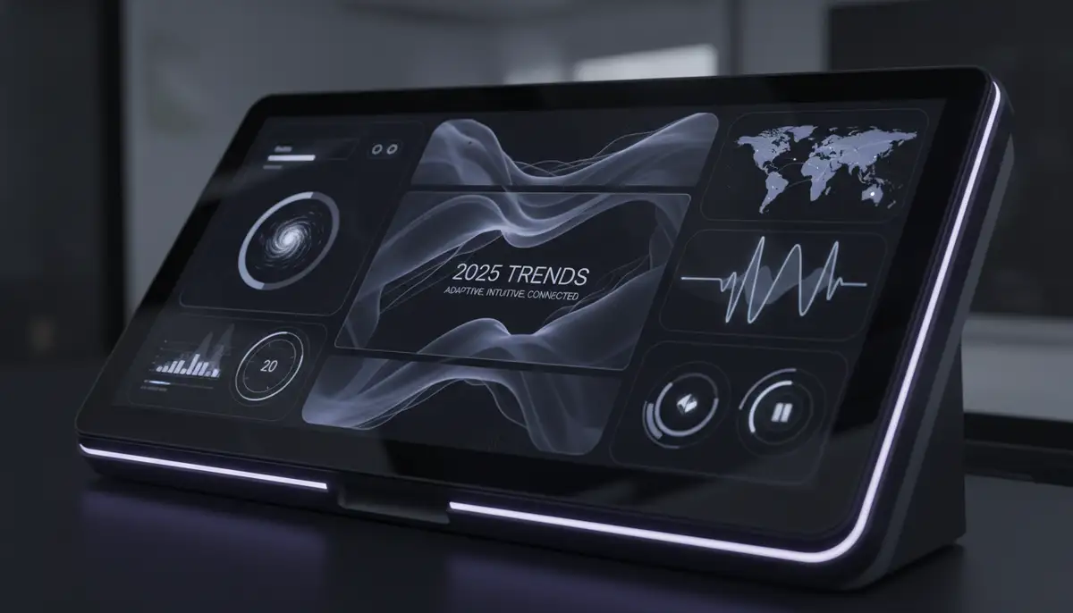 A futuristic digital interface concept with flowing black and dark grey elements, showcasing dynamic widgets and subtle animations, representing 2025 trends., high-quality photography, professional lighting, sharp focus, realistic, detailed