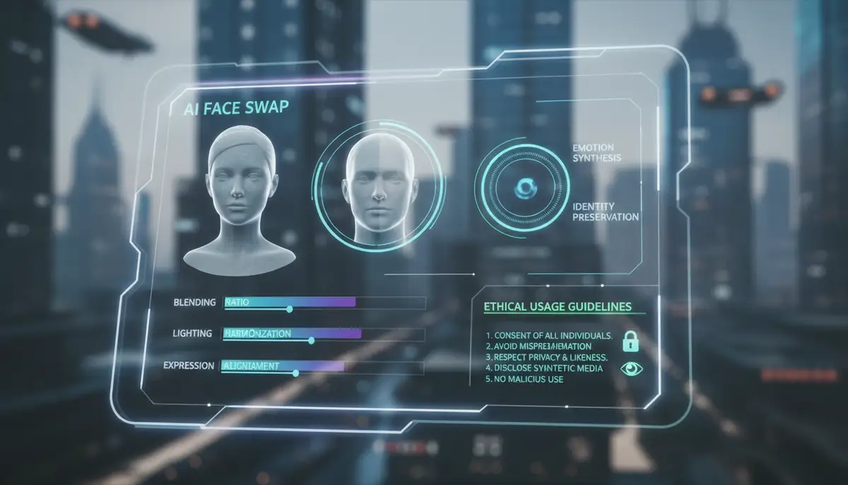 A futuristic interface of an AI face swap tool, showing advanced controls for blending, lighting, and expression matching, with a focus on ethical usage guidelines., high-quality photography, professional lighting, sharp focus, realistic, detailed