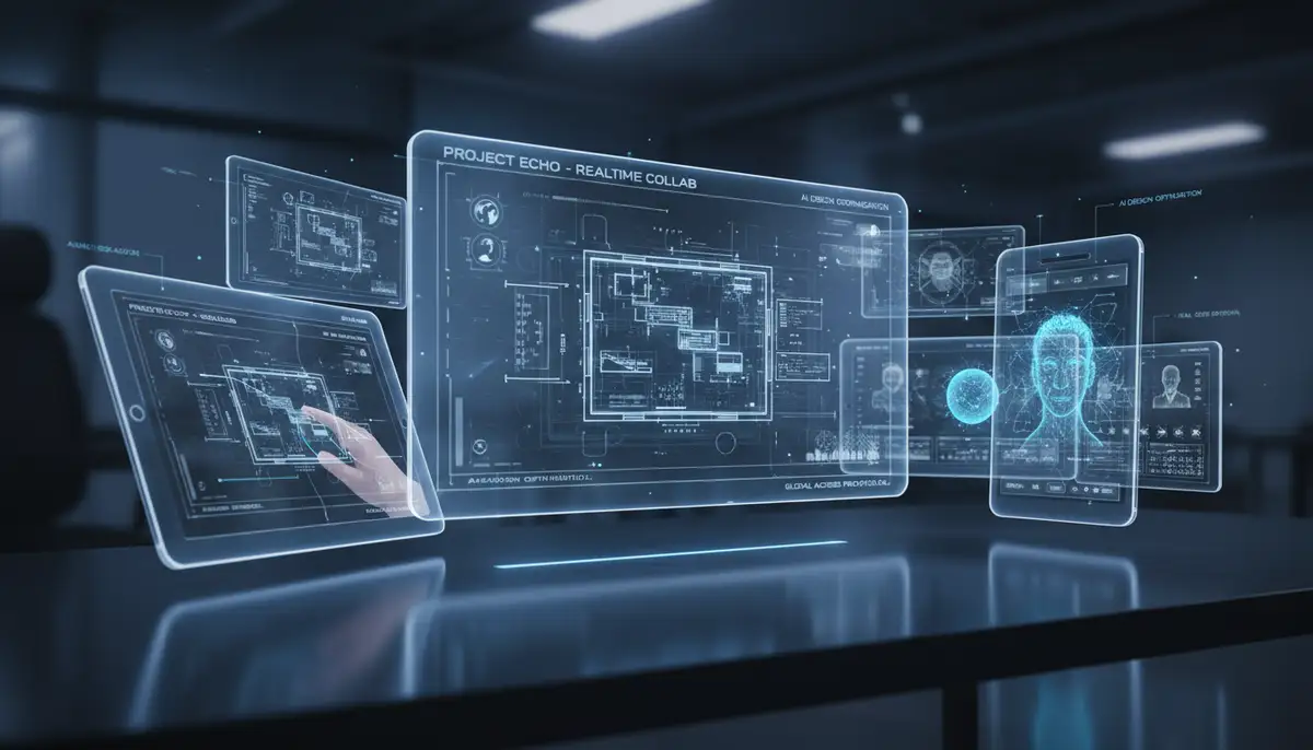 A futuristic interface showing real-time collaboration on a document or photo across several Android devices, with AI elements., high-quality photography, professional lighting, sharp focus, realistic, detailed