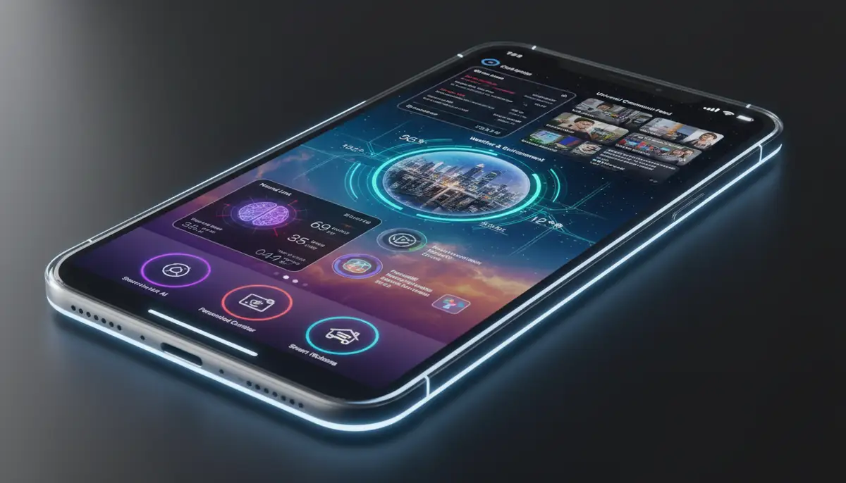 A futuristic iPhone home screen concept with highly interactive and dynamic app widgets, suggesting future possibilities., high-quality photography, professional lighting, sharp focus, realistic, detailed