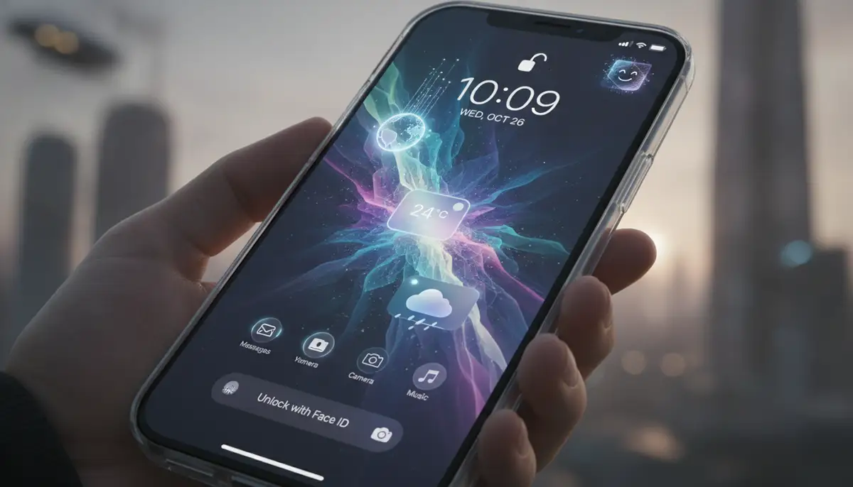 A futuristic iPhone lock screen concept with AI-generated interactive wallpapers and subtle AR elements, showcasing advanced customization., high-quality photography, professional lighting, sharp focus, realistic, detailed