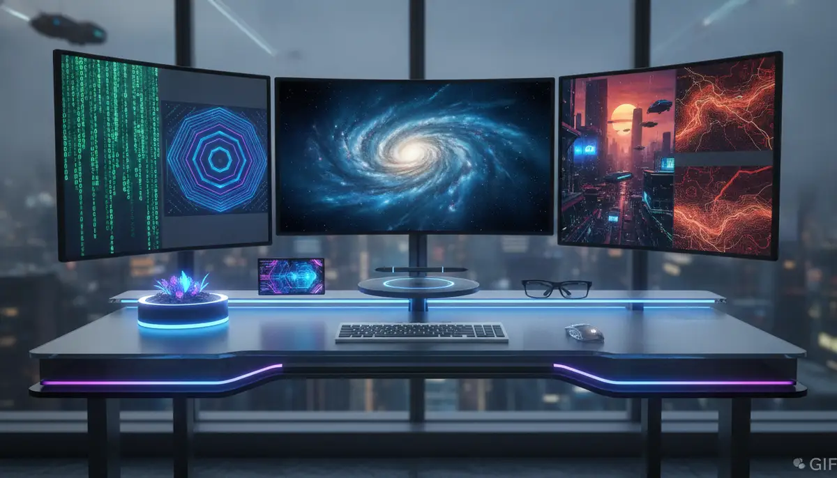 A futuristic office desk setup with multiple monitors, each featuring a unique, high-resolution wallpaper GIF, enhancing the digital workspace., high-quality photography, professional lighting, sharp focus, realistic, detailed
