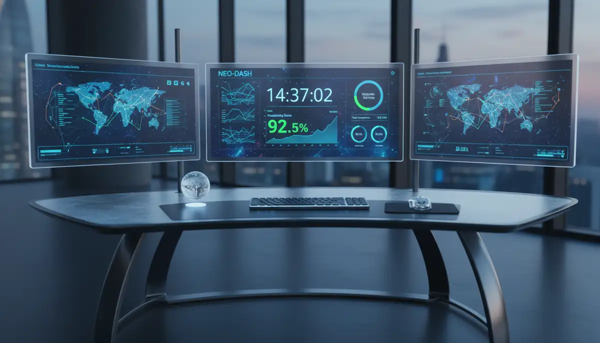 A futuristic office desk setup with multiple screens, one of which shows an advanced widget app displaying real-time data and productivity metrics, illustrating seamless integration., high-quality photography, professional lighting, sharp focus, realistic, detailed
