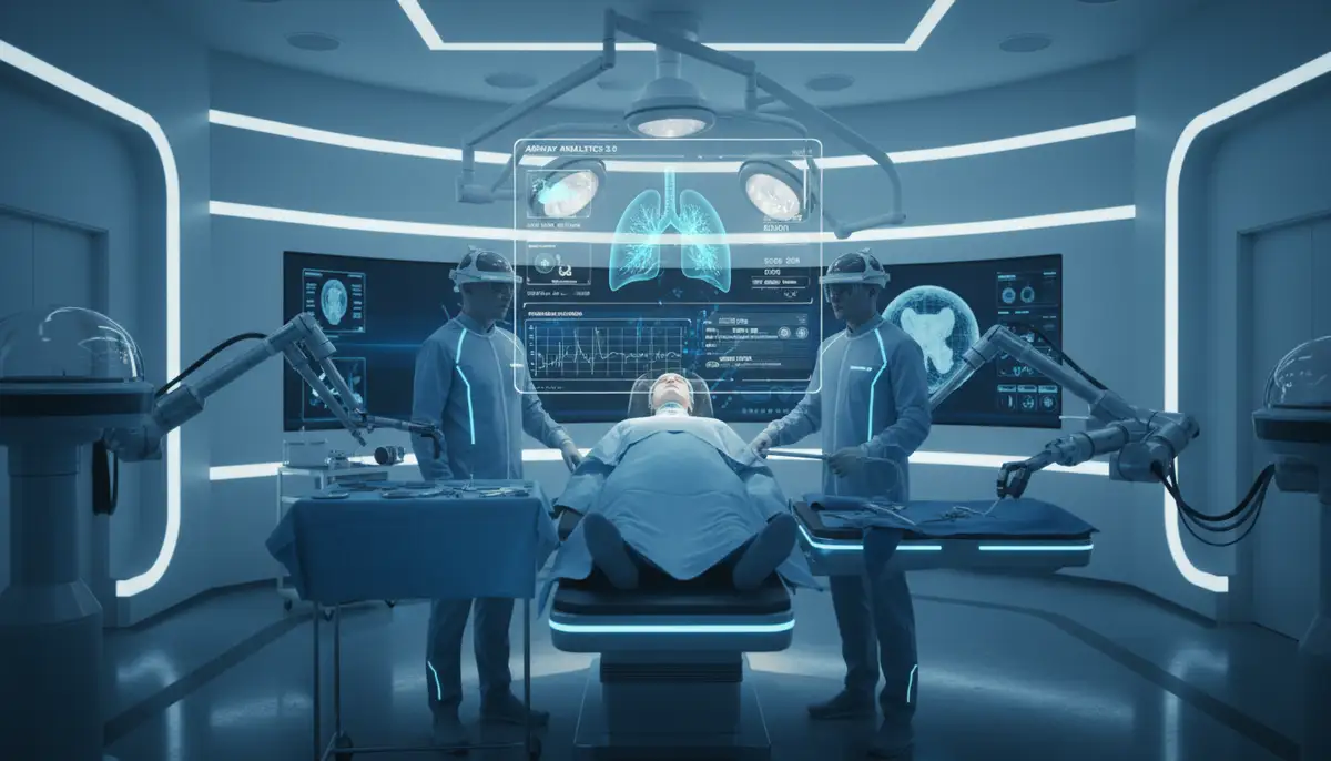 A futuristic operating room with augmented reality overlays showing airway data, reflecting how advanced airway apps could integrate with surgical procedures., high-quality photography, professional lighting, sharp focus, realistic, detailed