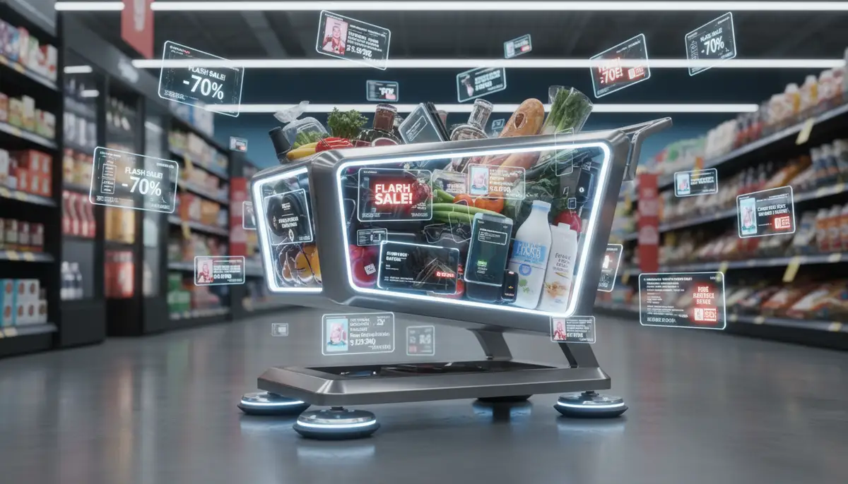 A futuristic shopping cart overflowing with groceries and electronics, surrounded by floating digital coupons and price tags, representing smart shopping in 2026., high-quality photography, professional lighting, sharp focus, realistic, detailed
