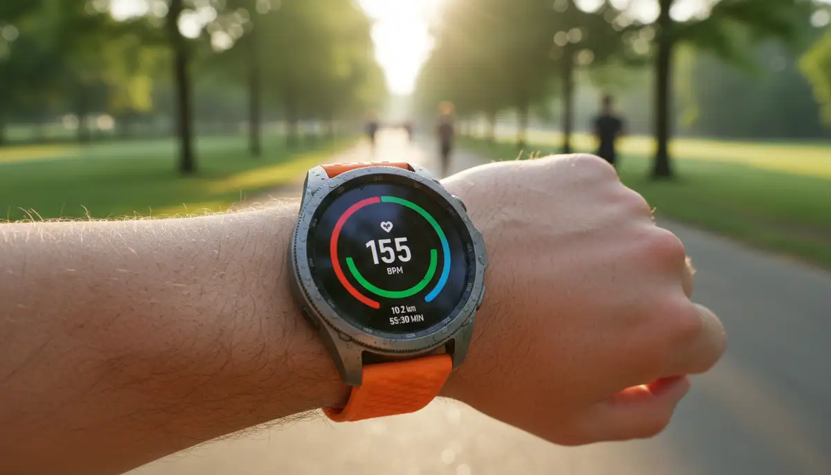 A Galaxy Watch Ultra displaying a dynamic fitness-focused watch face with heart rate and activity rings, during a morning run, vibrant and energetic., high-quality photography, professional lighting, sharp focus, realistic, detailed