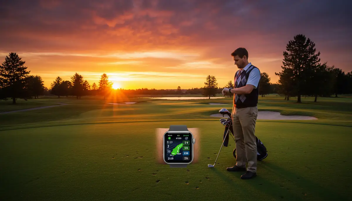 A golfer on a green, looking at their Apple Watch with a golf app displayed, sun setting in the background, vibrant colors, high detail., high-quality photography, professional lighting, sharp focus, realistic, detailed