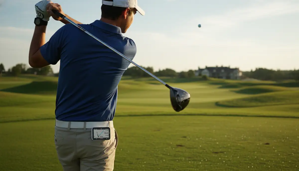 A golfer tracking their shot on a golf course using a golf watch, showing a blend of technology and nature, dynamic action shot., high-quality photography, professional lighting, sharp focus, realistic, detailed