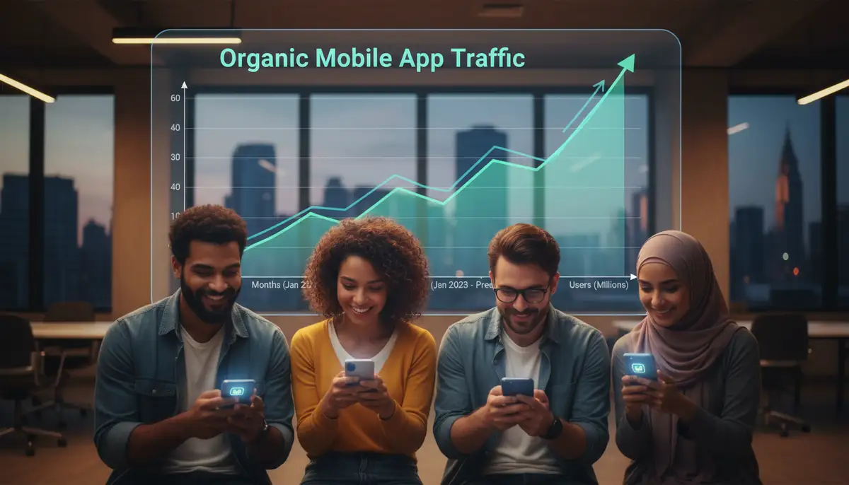 A graph showing a steady upward trend of organic traffic for a mobile app, with a diverse group of users engaging with their phones in the foreground., high-quality photography, professional lighting, sharp focus, realistic, detailed