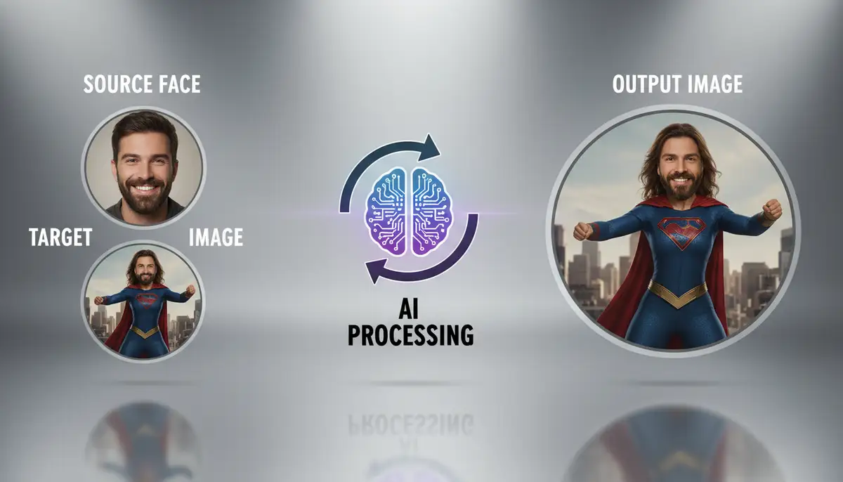 A graphic illustrating the AI face swap process: two input images (source face, target image), an AI processing icon, and a final output image with the swapped face., high-quality photography, professional lighting, sharp focus, realistic, detailed
