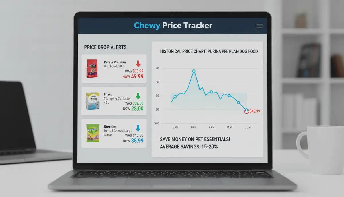 A graphic illustrating the benefits of price tracking for pet supplies, showing price drop alerts and historical price charts for Chewy products., high-quality photography, professional lighting, sharp focus, realistic, detailed
