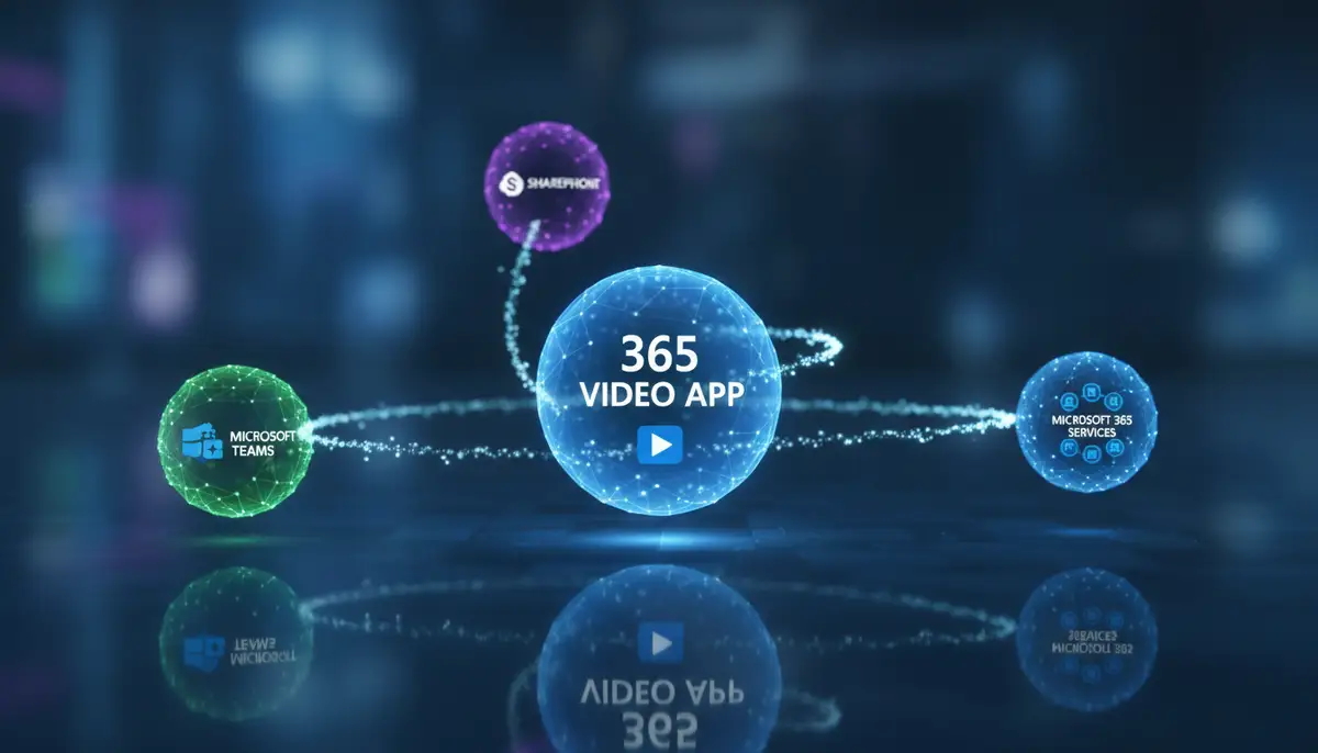A graphic illustrating the integration of the 365 video app with other Microsoft 365 services like Teams and SharePoint, depicted as interconnected digital bubbles., high-quality photography, professional lighting, sharp focus, realistic, detailed