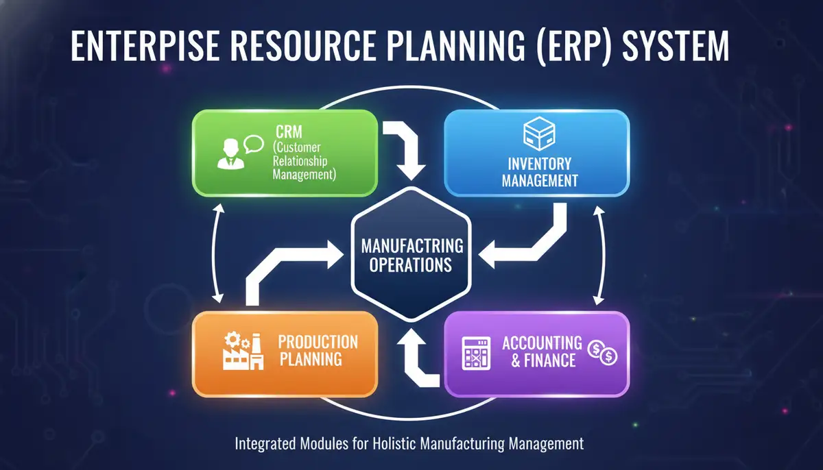 A graphic illustrating the interconnected modules of an ERP system (e.g., CRM, Inventory, Production, Accounting) forming a central hub for manufacturing operations.