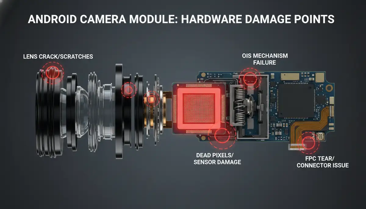 A graphic illustrating the internal components of an Android phone camera module, highlighting potential areas of hardware damage., high-quality photography, professional lighting, sharp focus, realistic, detailed
