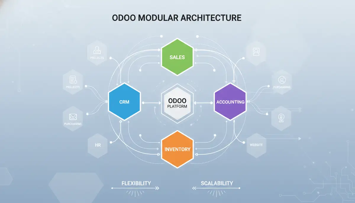 A graphic representation of Odoo's modular architecture, showing different business applications (CRM, Sales, Inventory, Accounting) as interconnected blocks, emphasizing flexibility and scalability.