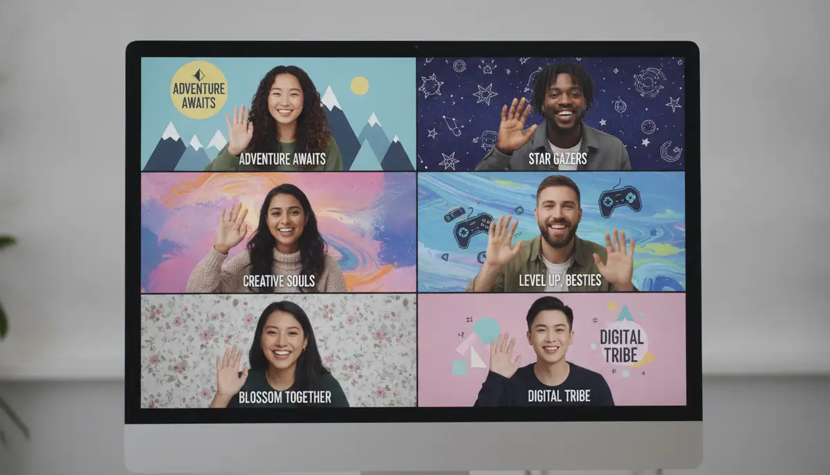 A group of diverse friends on a video call, each with a unique 'besty wallpaper' visible in their background, showcasing digital connection., high-quality photography, professional lighting, sharp focus, realistic, detailed