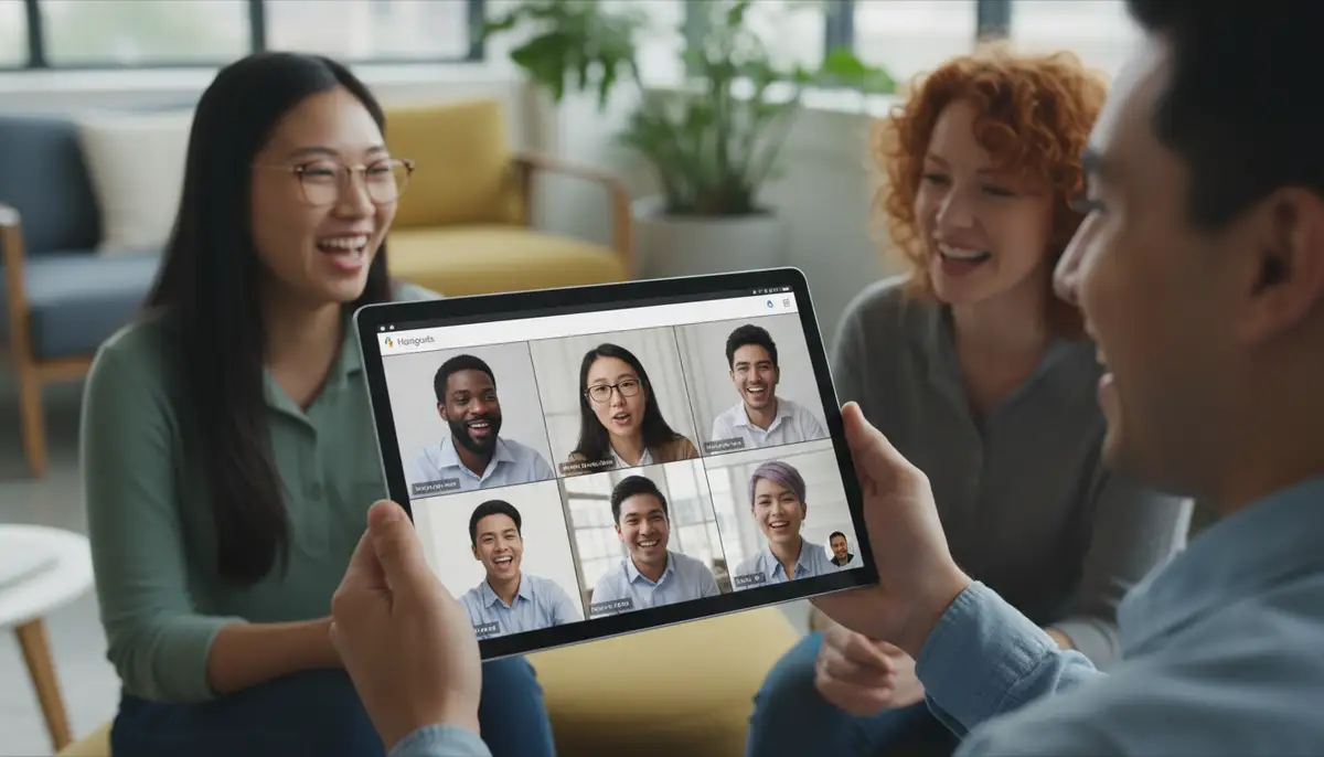 A group of diverse people engaging in a multi-person video call on an Android device, showcasing the Hangouts video conferencing feature., high-quality photography, professional lighting, sharp focus, realistic, detailed