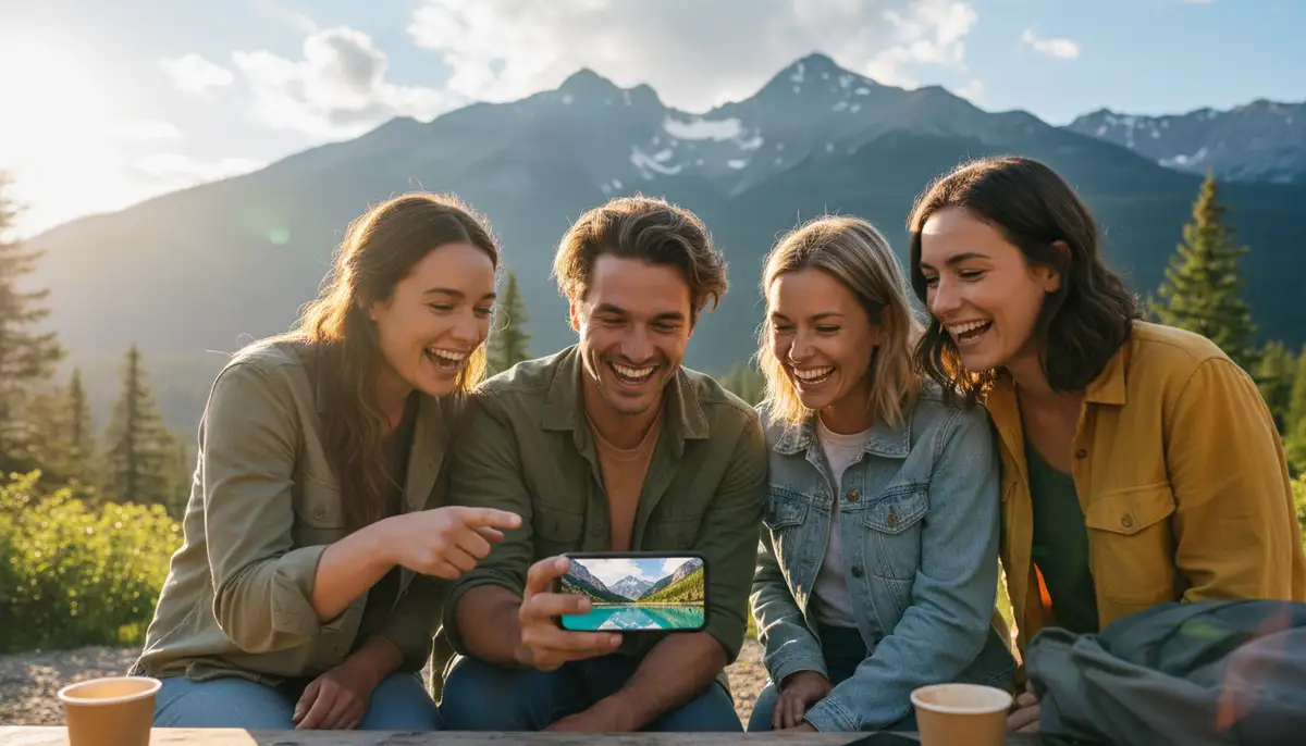 A group of friends laughing and looking at travel photos on a smartphone together, with a scenic mountain backdrop, vibrant and happy atmosphere., high-quality photography, professional lighting, sharp focus, realistic, detailed