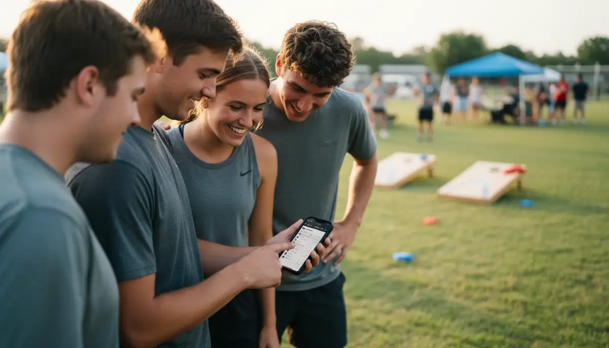 A group of friends or competitors gathered around a phone, reviewing match results and player rankings within the ACL Player App, with cornhole boards in the background., high-quality photography, professional lighting, sharp focus, realistic, detailed