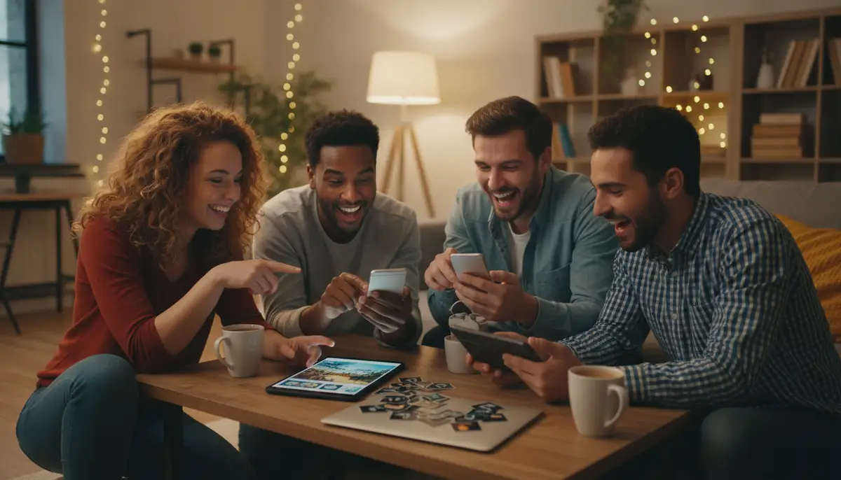 A group of friends sharing their edited photos on social media, laughing and engaging with their devices., high-quality photography, professional lighting, sharp focus, realistic, detailed
