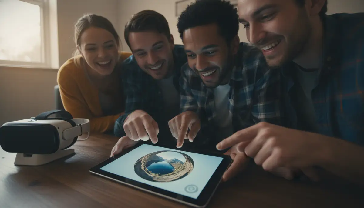A group of friends viewing a 360-degree photo on an Android tablet, all smiling and engaged, with a virtual reality headset in the background., high-quality photography, professional lighting, sharp focus, realistic, detailed