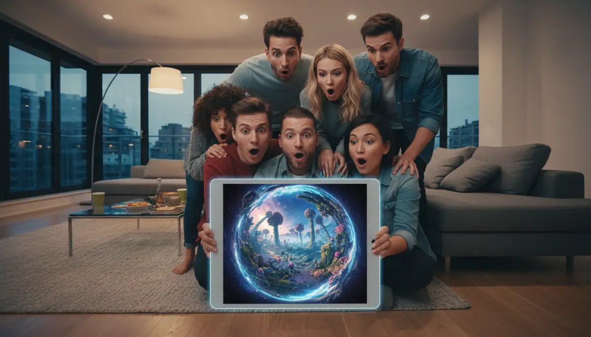 A group of friends viewing a 360-degree photo or video on an Android tablet, with expressions of awe and surprise, in a modern living room setting., high-quality photography, professional lighting, sharp focus, realistic, detailed