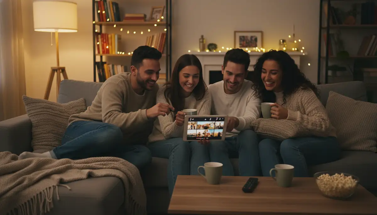 A group of friends watching a photo slideshow with music on a tablet, smiling and engaged, in a cozy living room setting., high-quality photography, professional lighting, sharp focus, realistic, detailed