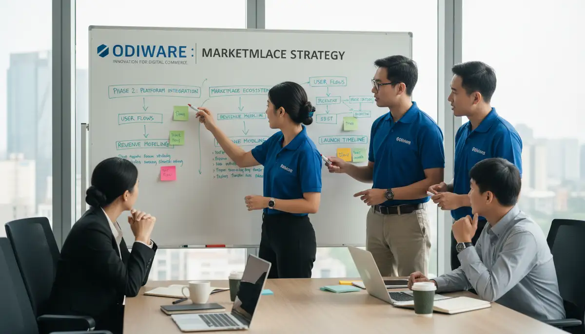 A group of Odiware consultants collaborating with a client, pointing at a whiteboard with strategic plans for marketplace implementation.
