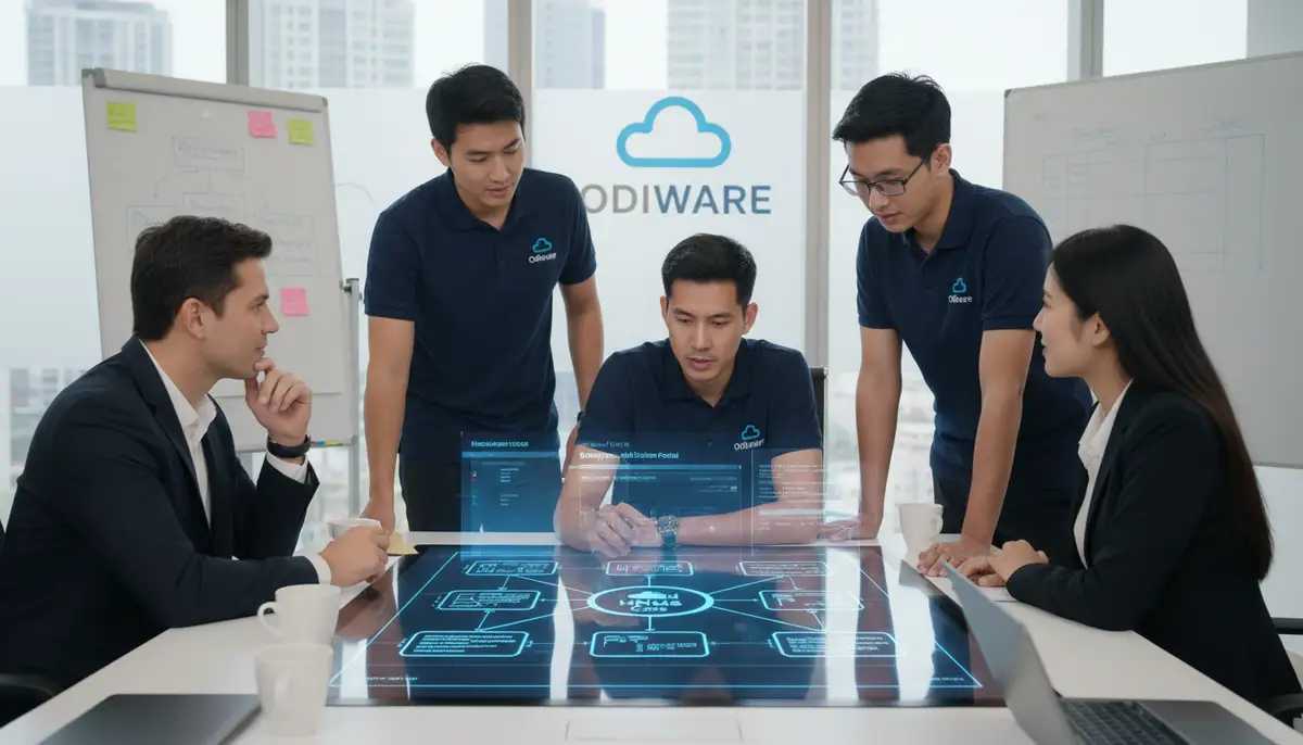 A group of Odoo consultants from Odiware collaborating with a client, showing a blueprint or digital interface of a customized cloud based HRMS software solution.