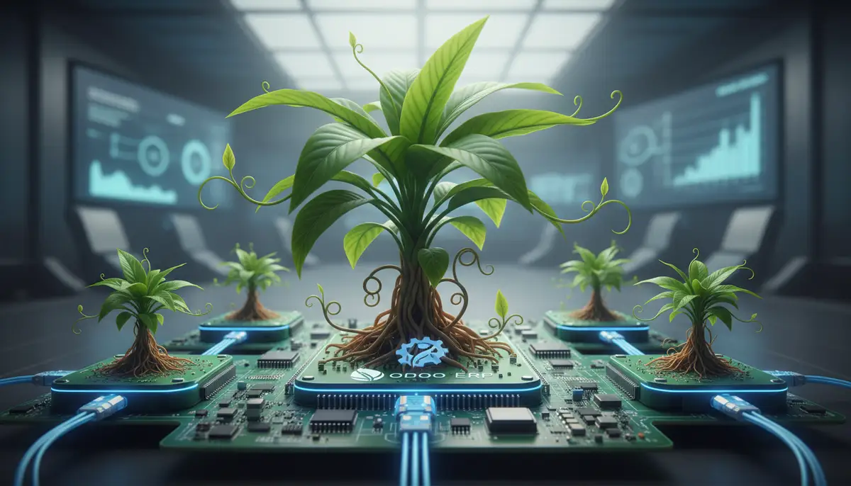 A growing plant sprouting from a circuit board, symbolizing scalability and modular growth for businesses leveraging Odoo ERP.