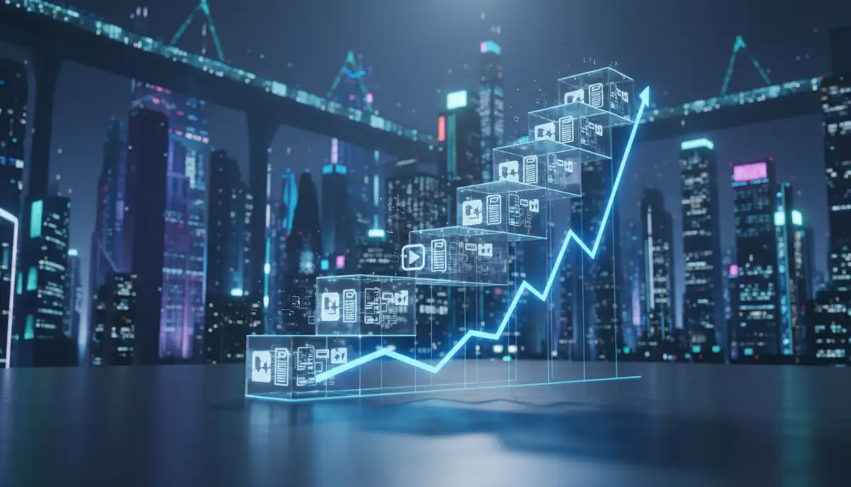 A growth chart showing a steady upward trend, with content pieces represented as building blocks, against a futuristic digital city backdrop., high-quality photography, professional lighting, sharp focus, realistic, detailed