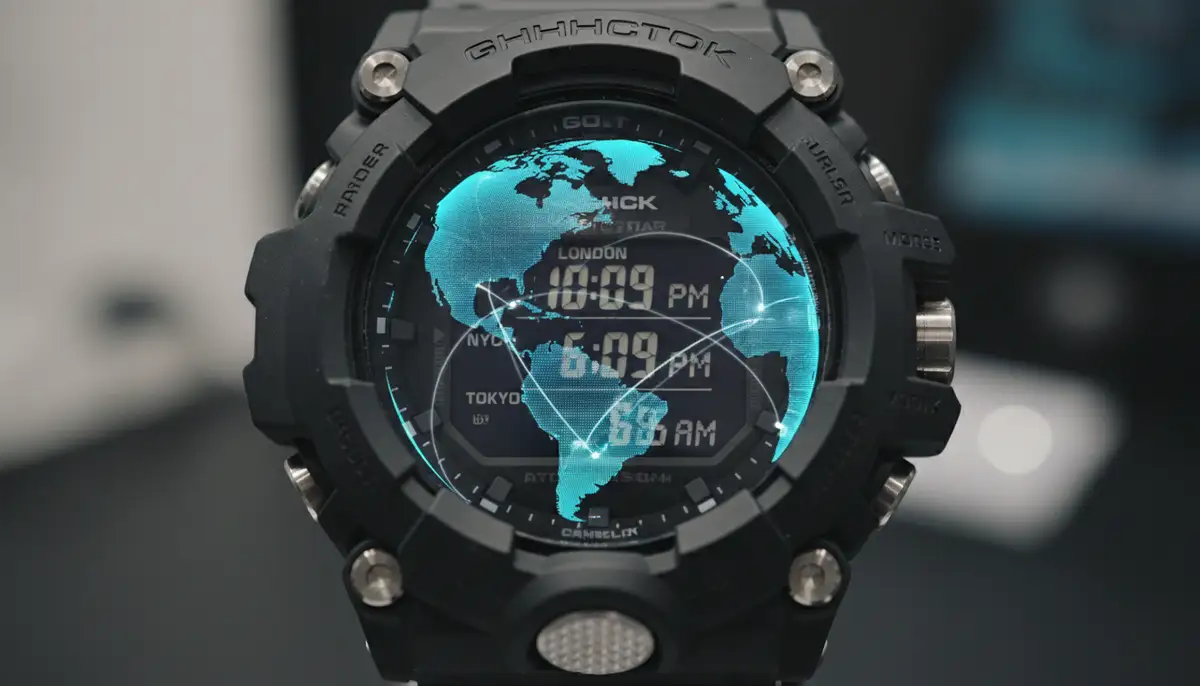 A G-SHOCK watch displaying different world times, with a globe overlay and subtle lines connecting various cities., high-quality photography, professional lighting, sharp focus, realistic, detailed