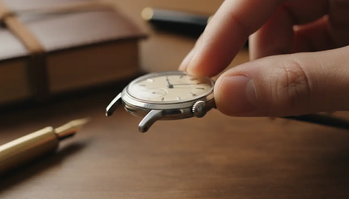 A hand carefully winding the crown of a vintage mechanical watch, emphasizing the ritual and connection., high-quality photography, professional lighting, sharp focus, realistic, detailed