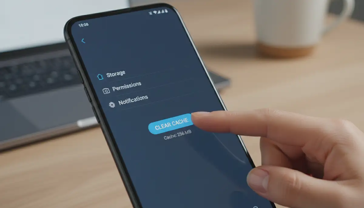 A hand clearing cache on an Android phone's camera app settings screen, with a clean, modern UI., high-quality photography, professional lighting, sharp focus, realistic, detailed