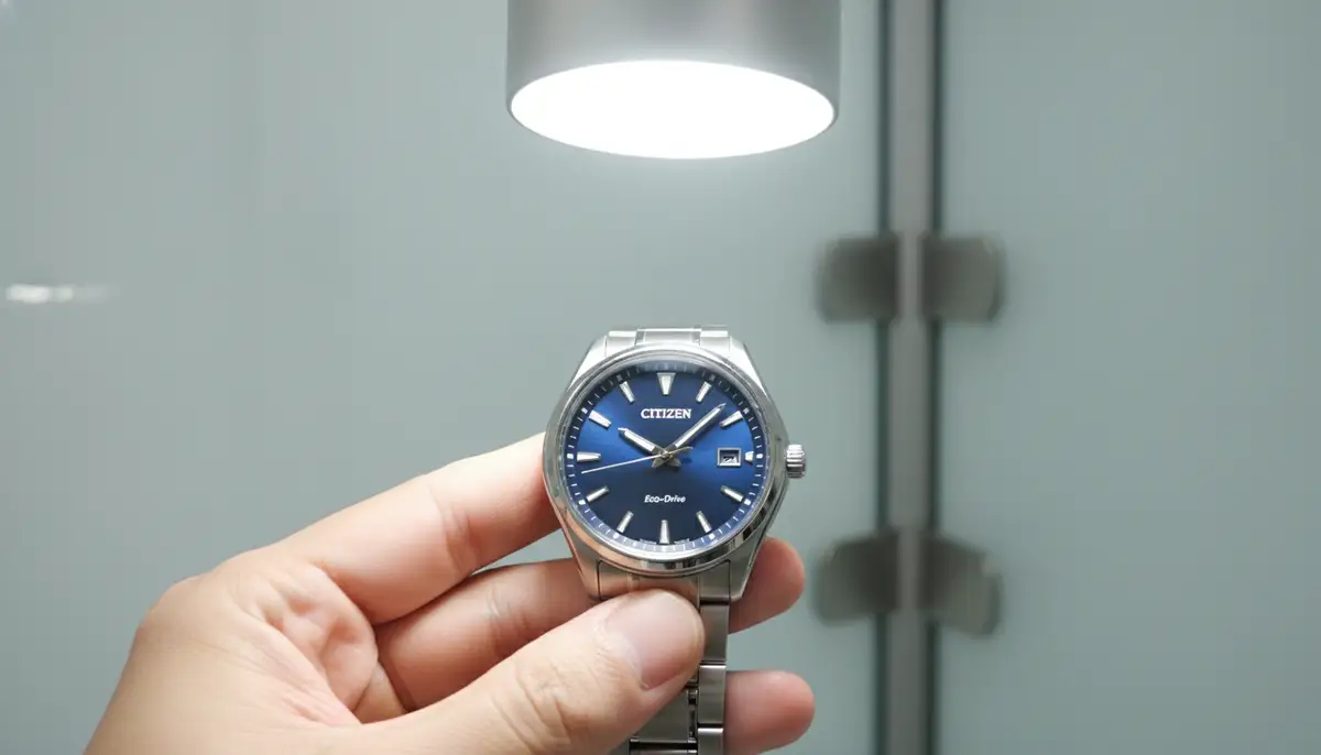 A hand holding a Citizen Eco-Drive watch under a bright light source, demonstrating proper charging, with a modern, clean aesthetic., high-quality photography, professional lighting, sharp focus, realistic, detailed
