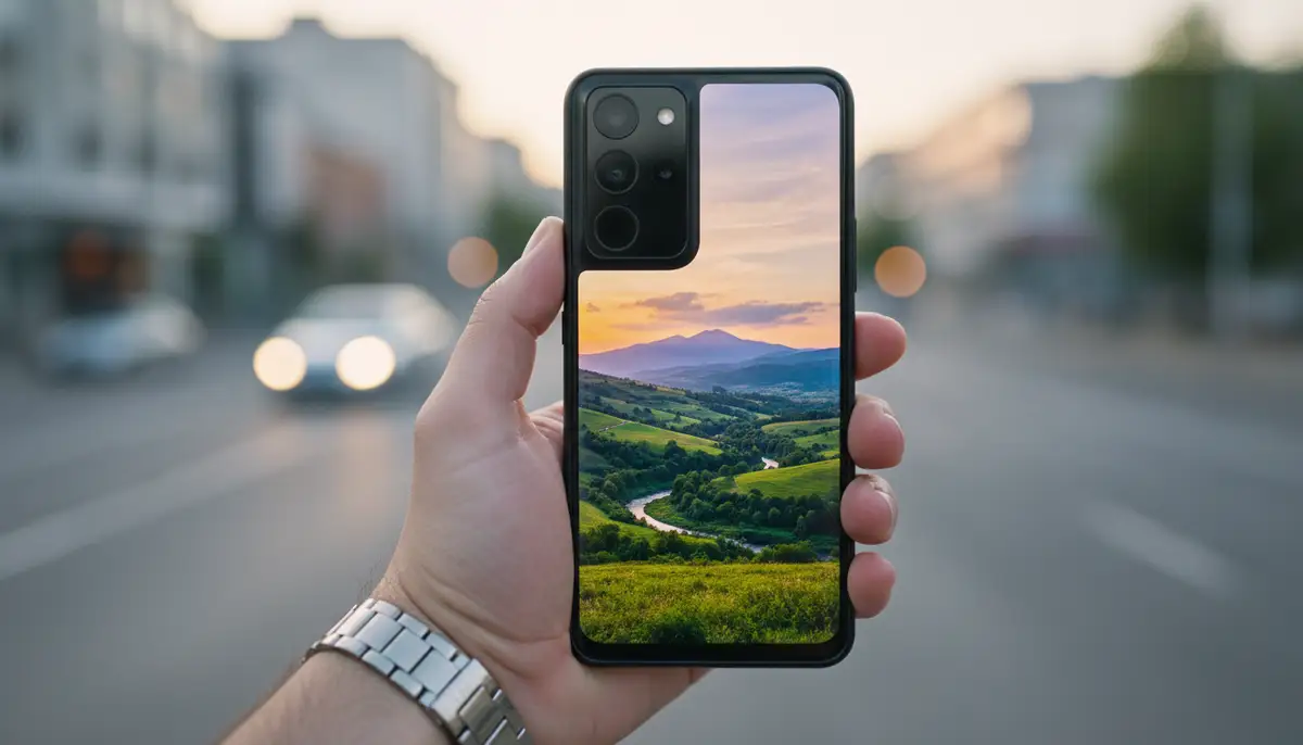 A hand holding a modern Android smartphone with a prominent triple camera setup, taking a vibrant landscape photo, with a slight bokeh effect in the background., high-quality photography, professional lighting, sharp focus, realistic, detailed