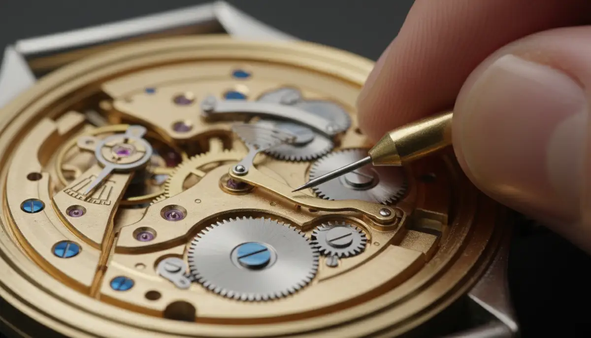 A hand holding a non-magnetic tool, gently nudging the regulator arm on a watch movement, with magnified view., high-quality photography, professional lighting, sharp focus, realistic, detailed