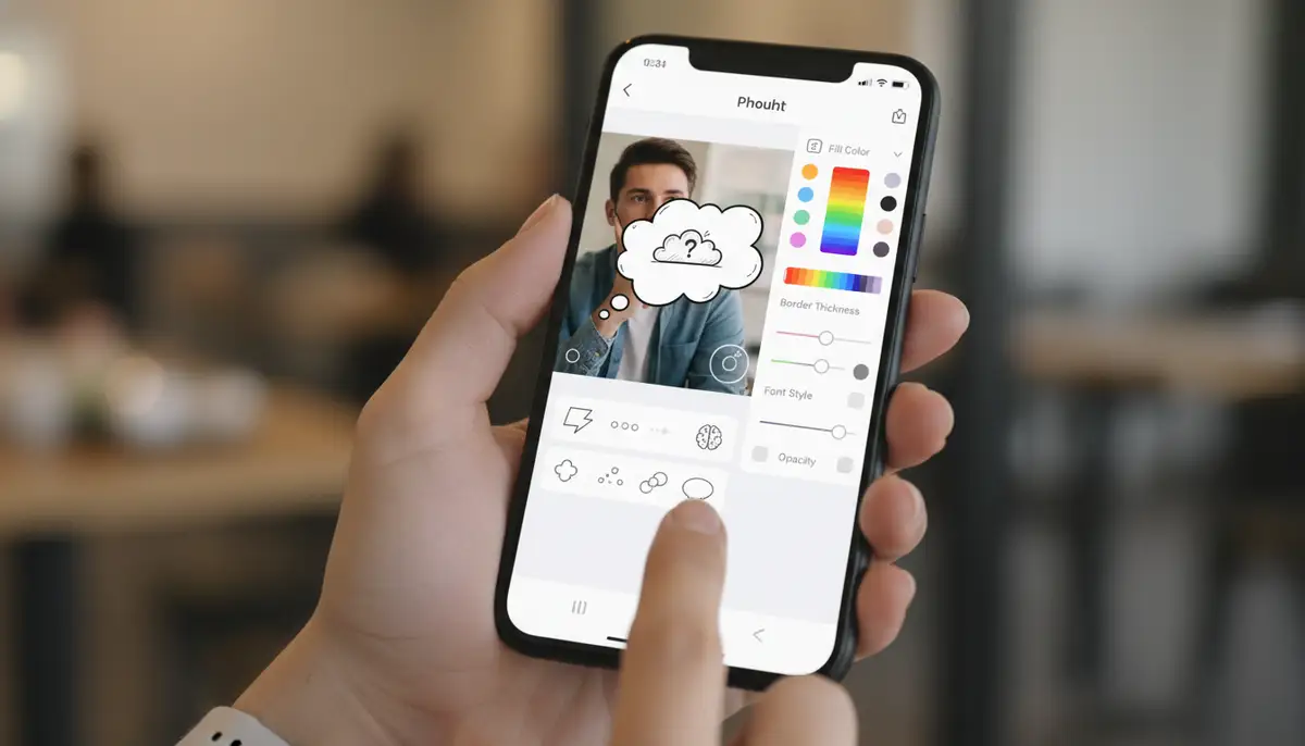 A hand holding a smartphone displaying an editing interface with various thought bubble styles and customization options, clean UI., high-quality photography, professional lighting, sharp focus, realistic, detailed