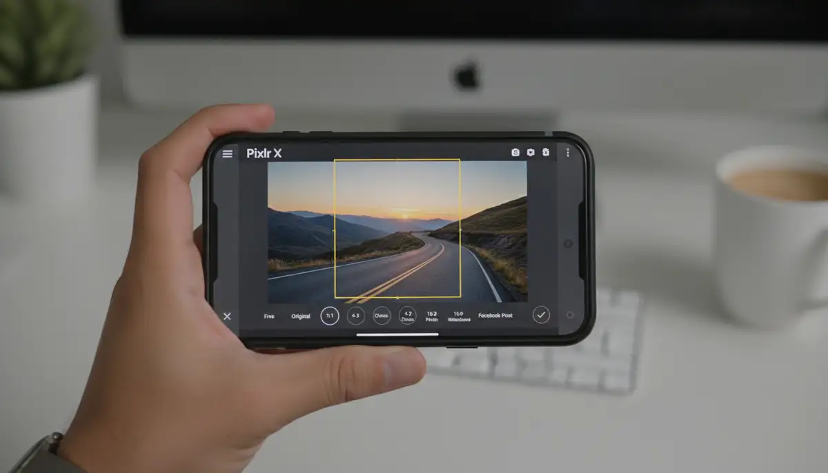 A hand holding a smartphone displaying Pixlr X with the crop tool active, showing various aspect ratio options., high-quality photography, professional lighting, sharp focus, realistic, detailed